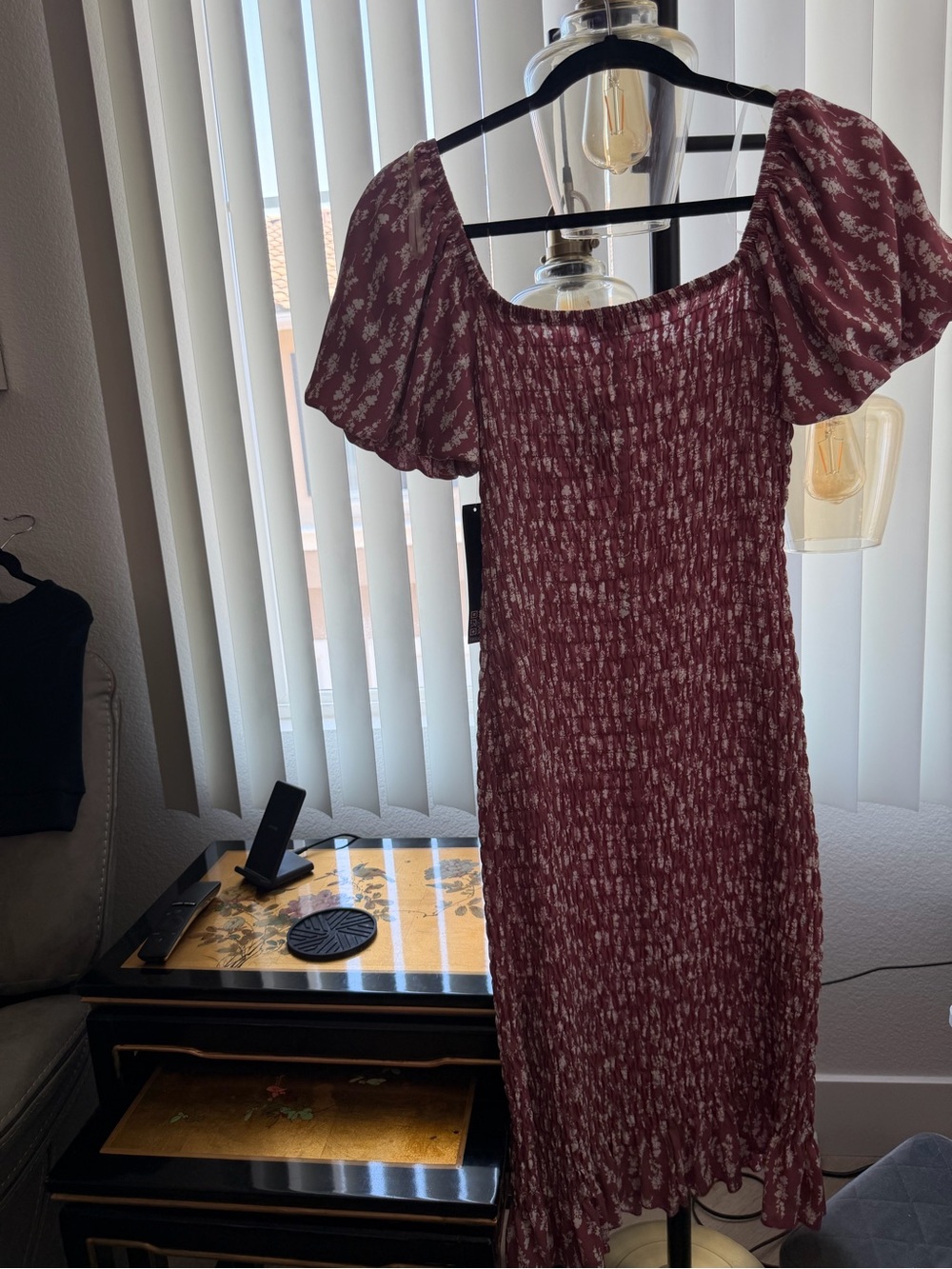 Trixxi Burgundy Puff-Sleeve Smocked Midi Dress with White Ditsy Print